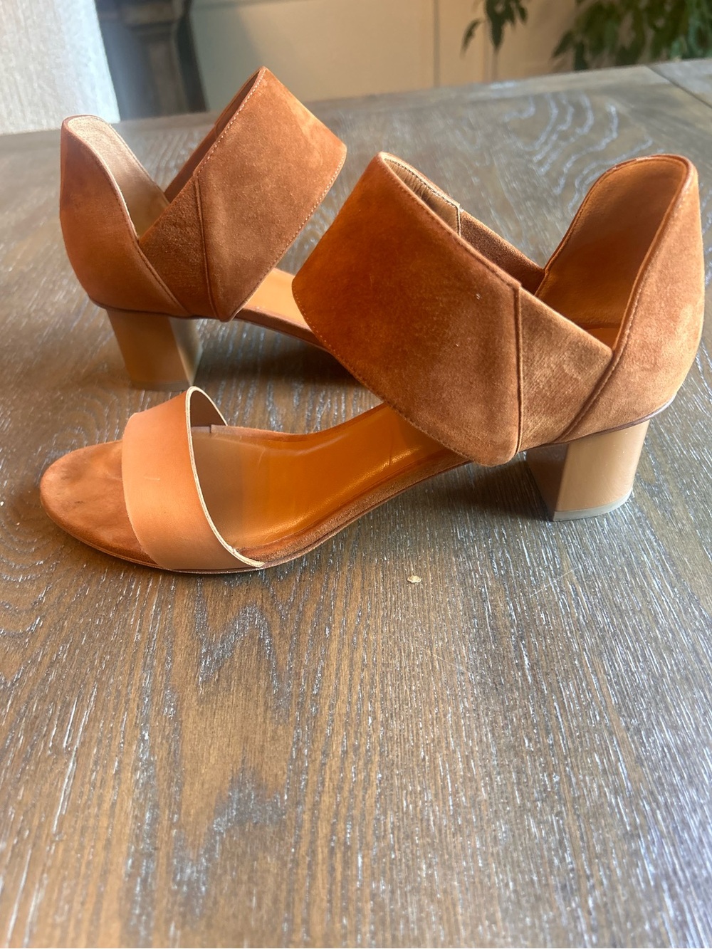 Aquatalia Nala Tan Suede and Leather Block Heel Sandals - Picture 3 of 11